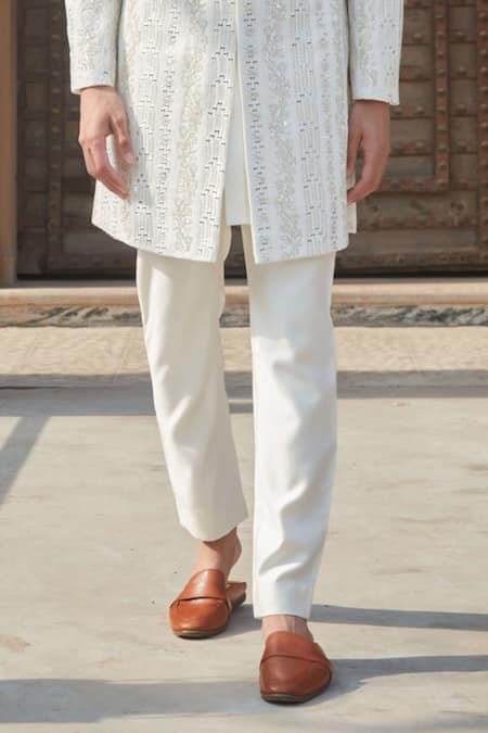 Bohame Ivory Tussar, Silk Embroidery, Daniell Chikankari Sherwani With Kurta Set Online at Aza Fashions Bohame_Ivory Tussar, Silk Embroidery, Daniell Chikankari Sherwani With Kurta Set_Online_at_Aza_Fashions
