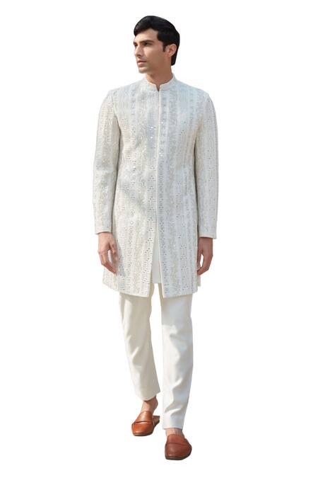 Buy Bohame Ivory Tussar, Silk Embroidery, Daniell Chikankari Sherwani With Kurta Set Online at Aza Fashions Buy_Bohame_Ivory Tussar, Silk Embroidery, Daniell Chikankari Sherwani With Kurta Set_Online_at_Aza_Fashions