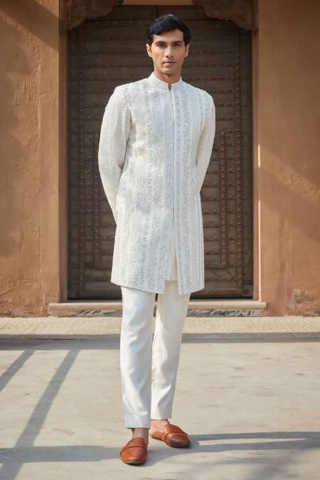 Shop Bohame Ivory Tussar, Silk Embroidery, Daniell Chikankari Sherwani With Kurta Set Online at Aza Fashions Shop_Bohame_Ivory Tussar, Silk Embroidery, Daniell Chikankari Sherwani With Kurta Set_Online_at_Aza_Fashions