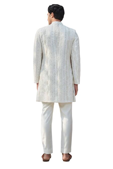 Buy Bohame Ivory Tussar, Silk Embroidery, Daniell Chikankari Sherwani With Kurta Set Buy_Bohame_Ivory Tussar, Silk Embroidery, Daniell Chikankari Sherwani With Kurta Set