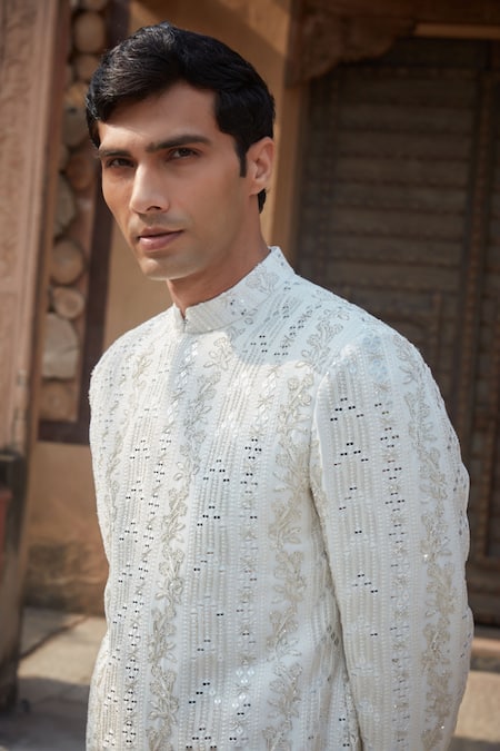 Shop Bohame Ivory Tussar, Silk Embroidery, Daniell Chikankari Sherwani With Kurta Set Shop_Bohame_Ivory Tussar, Silk Embroidery, Daniell Chikankari Sherwani With Kurta Set