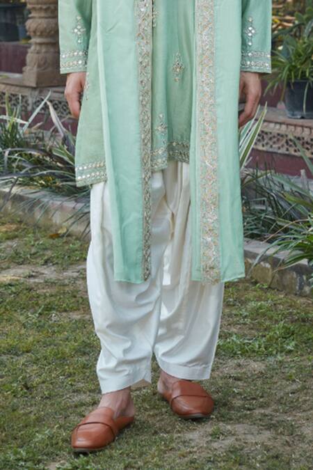 Bohame_Green Chanderi , Muslin, Tussar, Embroidery, Gian Chikankari Kurta Set_Online_at_Aza_Fashions