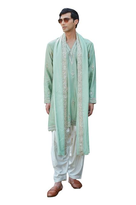 Buy_Bohame_Green Chanderi , Muslin, Tussar, Embroidery, Gian Chikankari Kurta Set_Online_at_Aza_Fashions