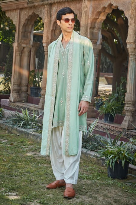 Shop_Bohame_Green Chanderi , Muslin, Tussar, Embroidery, Gian Chikankari Kurta Set_Online_at_Aza_Fashions
