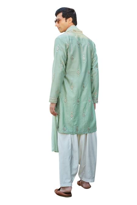 Bohame_Green Chanderi , Muslin, Tussar, Embroidery, Gian Chikankari Kurta Set_at_Aza_Fashions