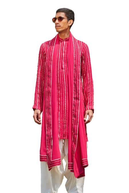 Bohame_Pink Georgette, Tussar Embroidery Noah Chikankari Kurta Set_Online_at_Aza_Fashions