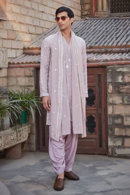 Buy_Bohame_Purple Georgette, Rayon Embroidery, Mirrors Ollie Chikankari Kurta Set_Online_at_Aza_Fashions