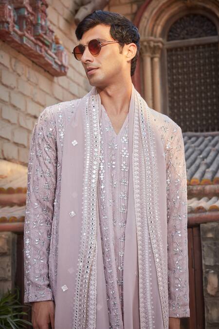 Bohame_Purple Georgette, Rayon Embroidery, Mirrors Ollie Chikankari Kurta Set_at_Aza_Fashions