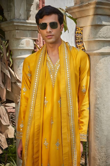 Bohame Yellow Chanderi , Tussar, Muslin, Embroidery, Mirrors, Paul Kurta Set at Aza Fashions Bohame_Yellow Chanderi , Tussar, Muslin, Embroidery, Mirrors, Paul Kurta Set_at_Aza_Fashions