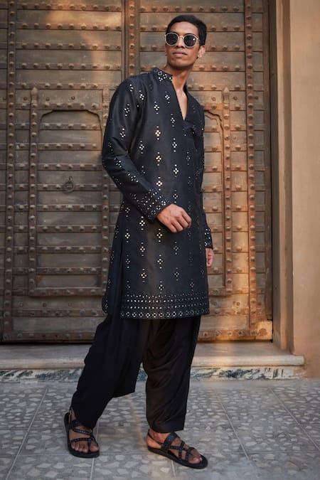 Bohame Black Silk, Rayon Mirrors Quinn Chikankari Embroidered Kurta With Salwar Online at Aza Fashions Bohame_Black Silk, Rayon Mirrors Quinn Chikankari Embroidered Kurta With Salwar_Online_at_Aza_Fashions
