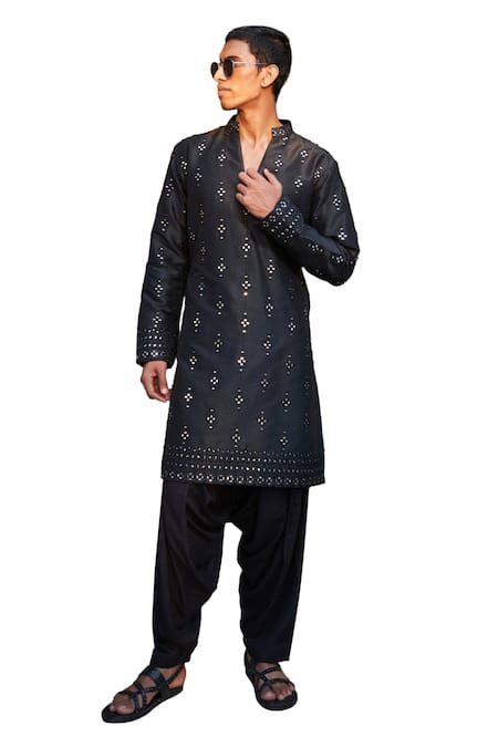 Shop Bohame Black Silk, Rayon Mirrors Quinn Chikankari Embroidered Kurta With Salwar Online at Aza Fashions Shop_Bohame_Black Silk, Rayon Mirrors Quinn Chikankari Embroidered Kurta With Salwar_Online_at_Aza_Fashions