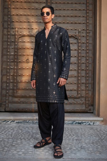 Bohame Black Silk, Rayon Mirrors Quinn Chikankari Embroidered Kurta With Salwar at Aza Fashions Bohame_Black Silk, Rayon Mirrors Quinn Chikankari Embroidered Kurta With Salwar_at_Aza_Fashions