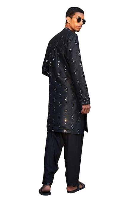 Shop Bohame Black Silk, Rayon Mirrors Quinn Chikankari Embroidered Kurta With Salwar Shop_Bohame_Black Silk, Rayon Mirrors Quinn Chikankari Embroidered Kurta With Salwar