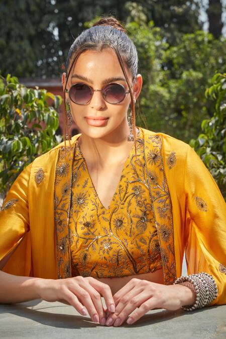 Bohame_Yellow Satin, Chiffon Sequins, Riley Embroidered Asymmetric Cape Skirt Set _Online_at_Aza_Fashions