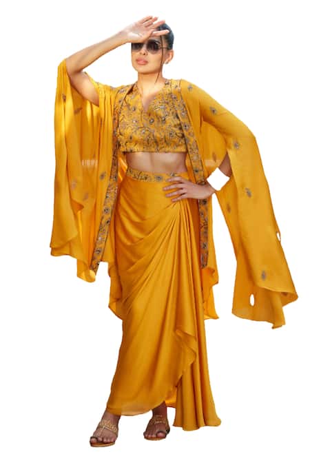 Shop_Bohame_Yellow Satin, Chiffon Sequins, Riley Embroidered Asymmetric Cape Skirt Set _Online_at_Aza_Fashions
