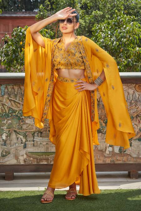Bohame_Yellow Satin, Chiffon Sequins, Riley Embroidered Asymmetric Cape Skirt Set _at_Aza_Fashions