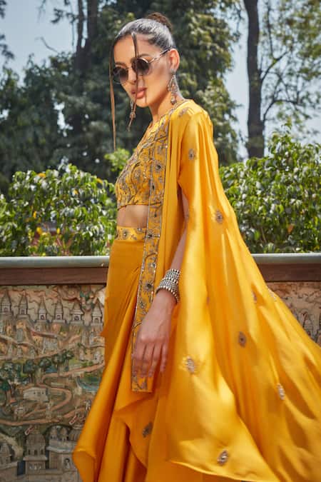 Buy_Bohame_Yellow Satin, Chiffon Sequins, Riley Embroidered Asymmetric Cape Skirt Set 