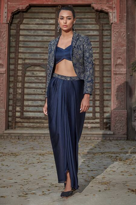 Buy_Bohame_Blue Satin, Chiffon Sequins, Beads, Zari, Orla Floral Jacket Skirt Set _Online_at_Aza_Fashions