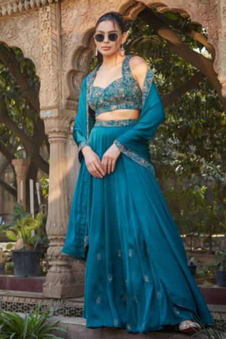 Bohame_Green Satin, Chiffon Beads, Sequins, Aura Floral Embroidered Blouse Lehenga Set _Online_at_Aza_Fashions