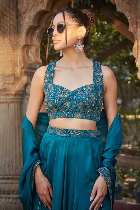 Shop_Bohame_Green Satin, Chiffon Beads, Sequins, Aura Floral Embroidered Blouse Lehenga Set _Online_at_Aza_Fashions