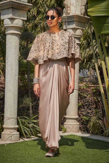 Bohame_Pink Satin, Chiffon Beads, Sequins Kiara Floral Jaal Embroidered Cape Skirt Set _Online_at_Aza_Fashions
