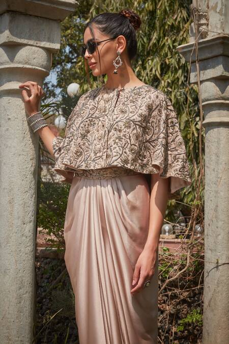Buy_Bohame_Pink Satin, Chiffon Beads, Sequins Kiara Floral Jaal Embroidered Cape Skirt Set _Online_at_Aza_Fashions