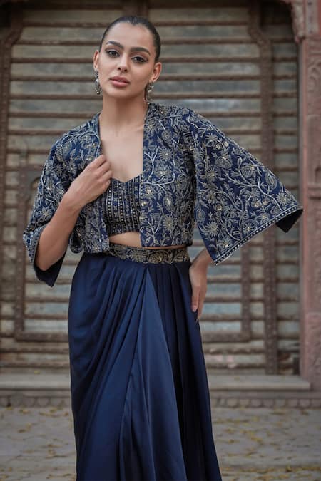 Bohame_Blue Satin, Chiffon Sequins, Beads, Vaniya Embellished Floral Cape Skirt Set _Online_at_Aza_Fashions
