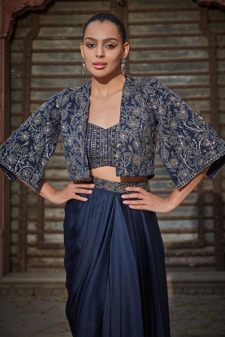Buy_Bohame_Blue Satin, Chiffon Sequins, Beads, Vaniya Embellished Floral Cape Skirt Set _Online_at_Aza_Fashions