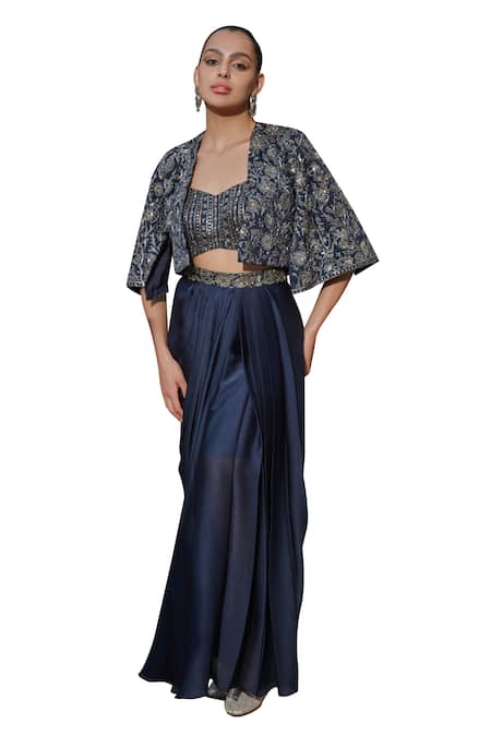 Shop_Bohame_Blue Satin, Chiffon Sequins, Beads, Vaniya Embellished Floral Cape Skirt Set _Online_at_Aza_Fashions