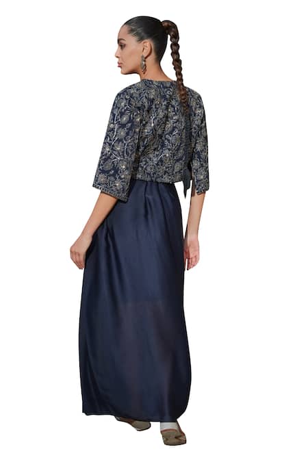 Bohame_Blue Satin, Chiffon Sequins, Beads, Vaniya Embellished Floral Cape Skirt Set _at_Aza_Fashions