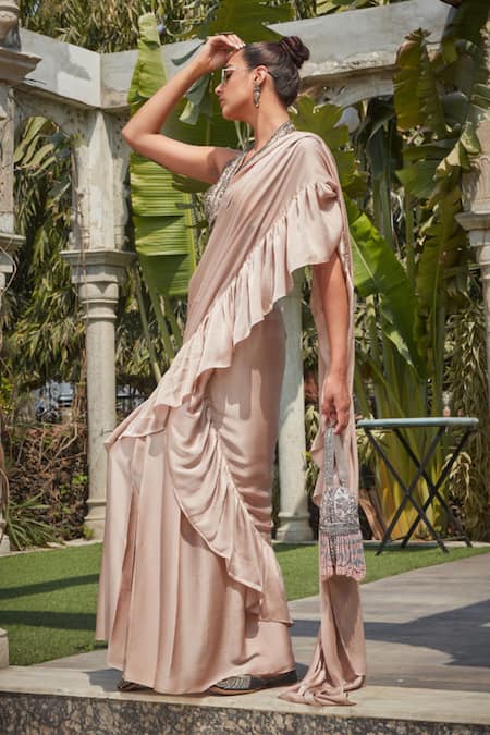 Bohame Valarie Plain Pre-Draped Ruffle Saree With Embroidered Blouse 