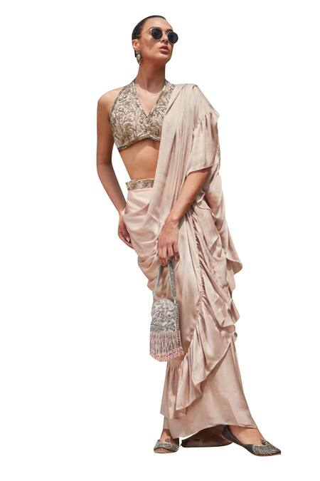 Bohame_Pink Satin, Valarie Plain Pre-draped Ruffle Saree With Embroidered Blouse _Online_at_Aza_Fashions