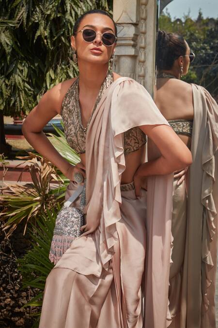 Bohame_Pink Satin, Valarie Plain Pre-draped Ruffle Saree With Embroidered Blouse _at_Aza_Fashions