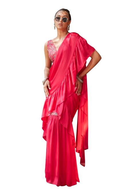 Bohame Pink Satin, Laila Mermaid Pre-draped Ruffle Saree With Embellished Blouse Online at Aza Fashions Bohame_Pink Satin, Laila Mermaid Pre-draped Ruffle Saree With Embellished Blouse _Online_at_Aza_Fashions