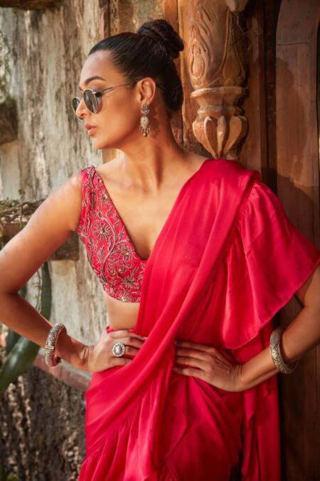 Bohame Pink Satin, Laila Mermaid Pre-draped Ruffle Saree With Embellished Blouse at Aza Fashions Bohame_Pink Satin, Laila Mermaid Pre-draped Ruffle Saree With Embellished Blouse _at_Aza_Fashions