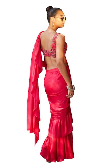 Shop Bohame Pink Satin, Laila Mermaid Pre-draped Ruffle Saree With Embellished Blouse Shop_Bohame_Pink Satin, Laila Mermaid Pre-draped Ruffle Saree With Embellished Blouse