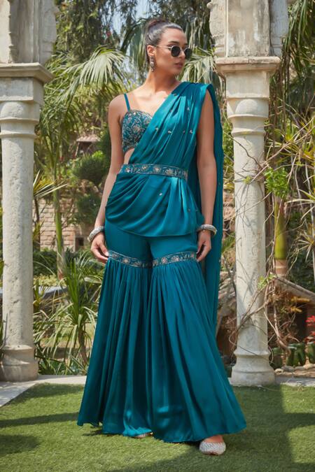 Bohame_Green Satin, Chiffon Sequins, Fia Embroidered Pre-draped Concept Saree Set _Online_at_Aza_Fashions