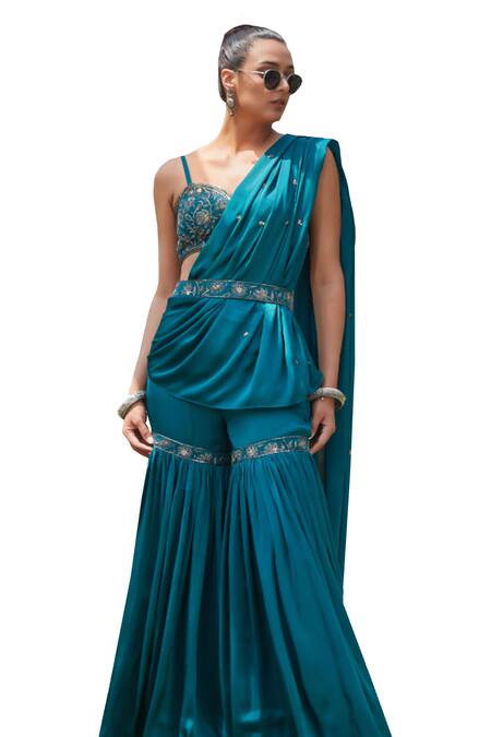 Buy_Bohame_Green Satin, Chiffon Sequins, Fia Embroidered Pre-draped Concept Saree Set _Online_at_Aza_Fashions