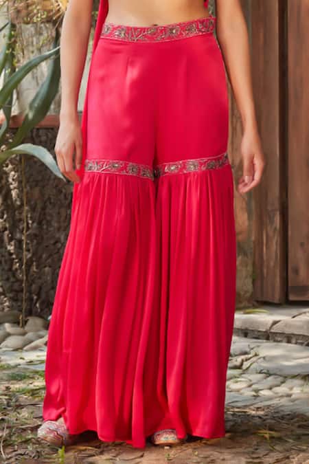 Bohame_Pink Satin, Chiffon Sequins, Beads, Zari Enya Embroidered Blouse Sharara Set _Online_at_Aza_Fashions