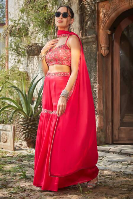 Shop_Bohame_Pink Satin, Chiffon Sequins, Beads, Zari Enya Embroidered Blouse Sharara Set _Online_at_Aza_Fashions