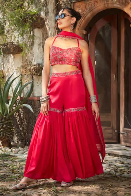 Bohame_Pink Satin, Chiffon Sequins, Beads, Zari Enya Embroidered Blouse Sharara Set _at_Aza_Fashions