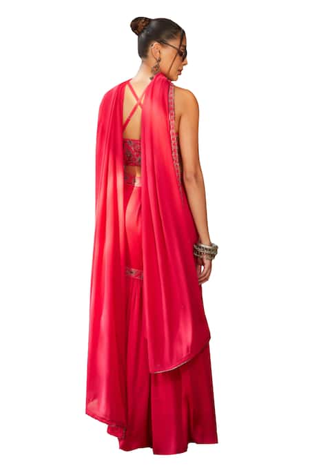 Buy_Bohame_Pink Satin, Chiffon Sequins, Beads, Zari Enya Embroidered Blouse Sharara Set 