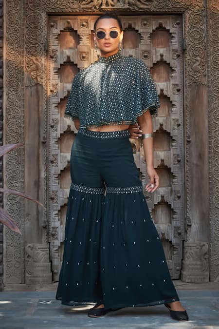Shop_Bohame_Green Georgette Sequins Kara Chikankari Embroidered Cape Sharara Set _Online_at_Aza_Fashions