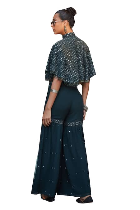 Buy_Bohame_Green Georgette Sequins Kara Chikankari Embroidered Cape Sharara Set 