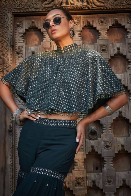 Shop_Bohame_Green Georgette Sequins Kara Chikankari Embroidered Cape Sharara Set 