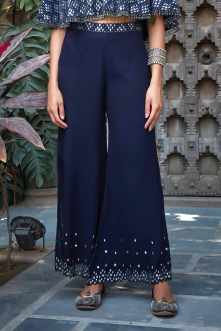 Bohame_Blue Georgette Beads, Keira Geometric Chikankari Embroidered Cape Sharara Set _Online_at_Aza_Fashions