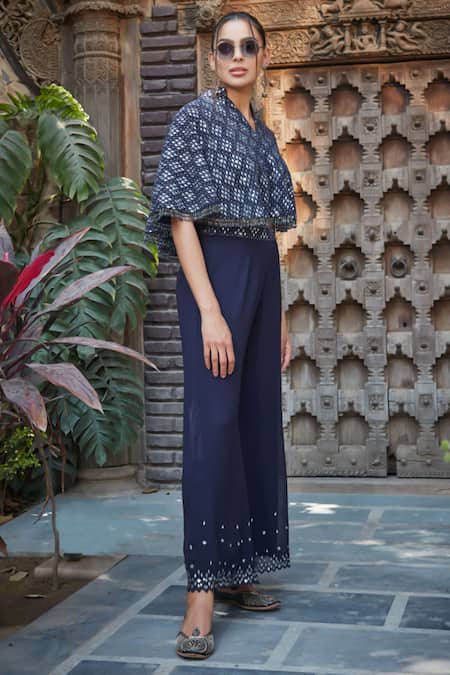 Buy_Bohame_Blue Georgette Beads, Keira Geometric Chikankari Embroidered Cape Sharara Set _Online_at_Aza_Fashions
