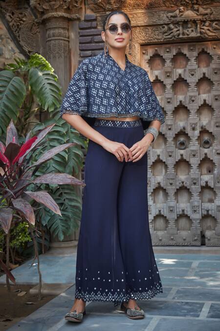 Shop_Bohame_Blue Georgette Beads, Keira Geometric Chikankari Embroidered Cape Sharara Set _Online_at_Aza_Fashions