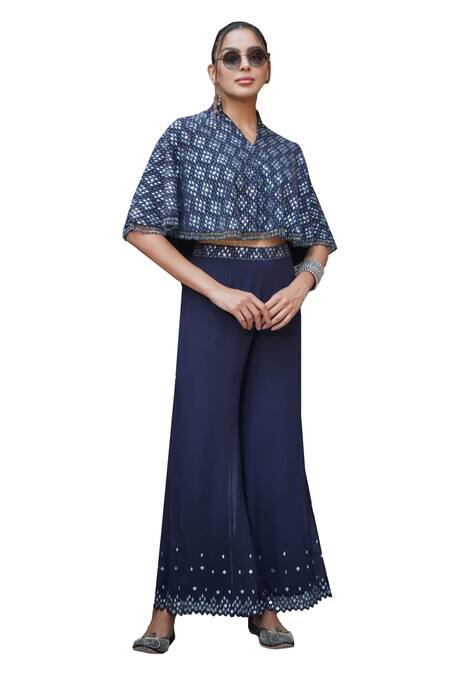 Bohame_Blue Georgette Beads, Keira Geometric Chikankari Embroidered Cape Sharara Set _at_Aza_Fashions