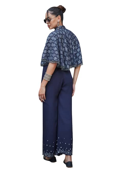 Buy_Bohame_Blue Georgette Beads, Keira Geometric Chikankari Embroidered Cape Sharara Set 
